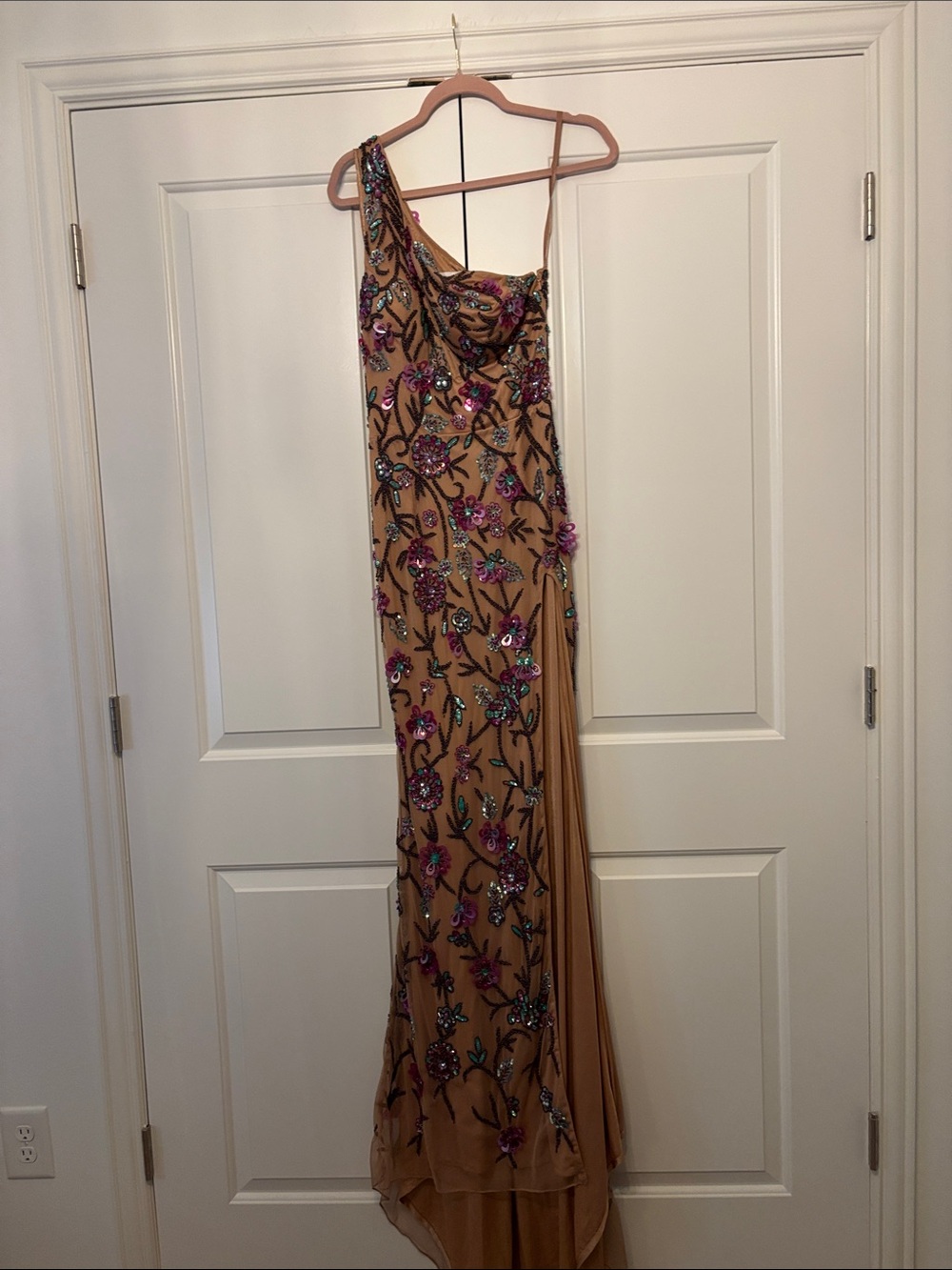Ashley Lauren One-Shoulder Sequin Floral Evening Dress in Tan